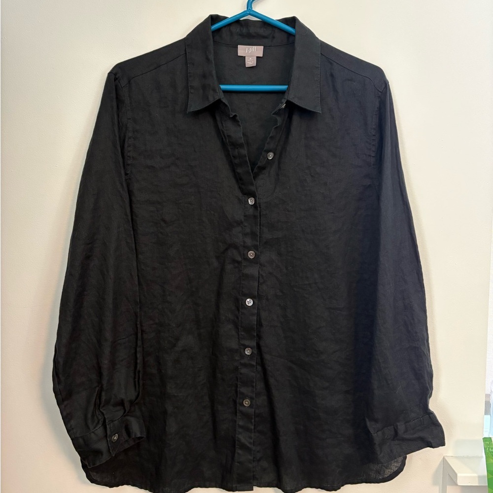 J.Jill Womens 100% Linen Button Front Top Size MP Black‎ Coastal Beach Travel